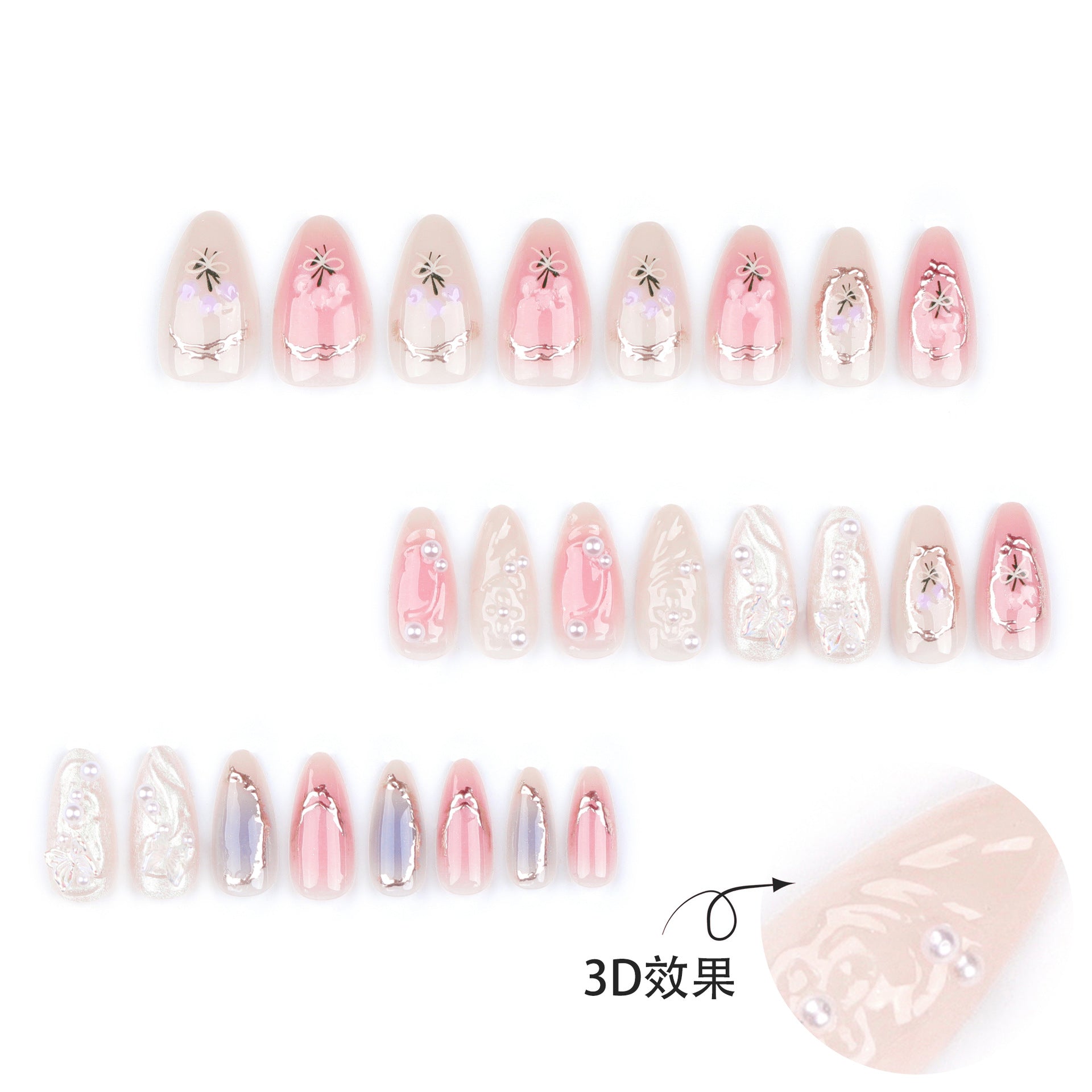 24Pcs Pink Almond False Nails Butterfly Ballet with French Design Wearable Fake Nails Simple Artificial Press on Nails Tips Art