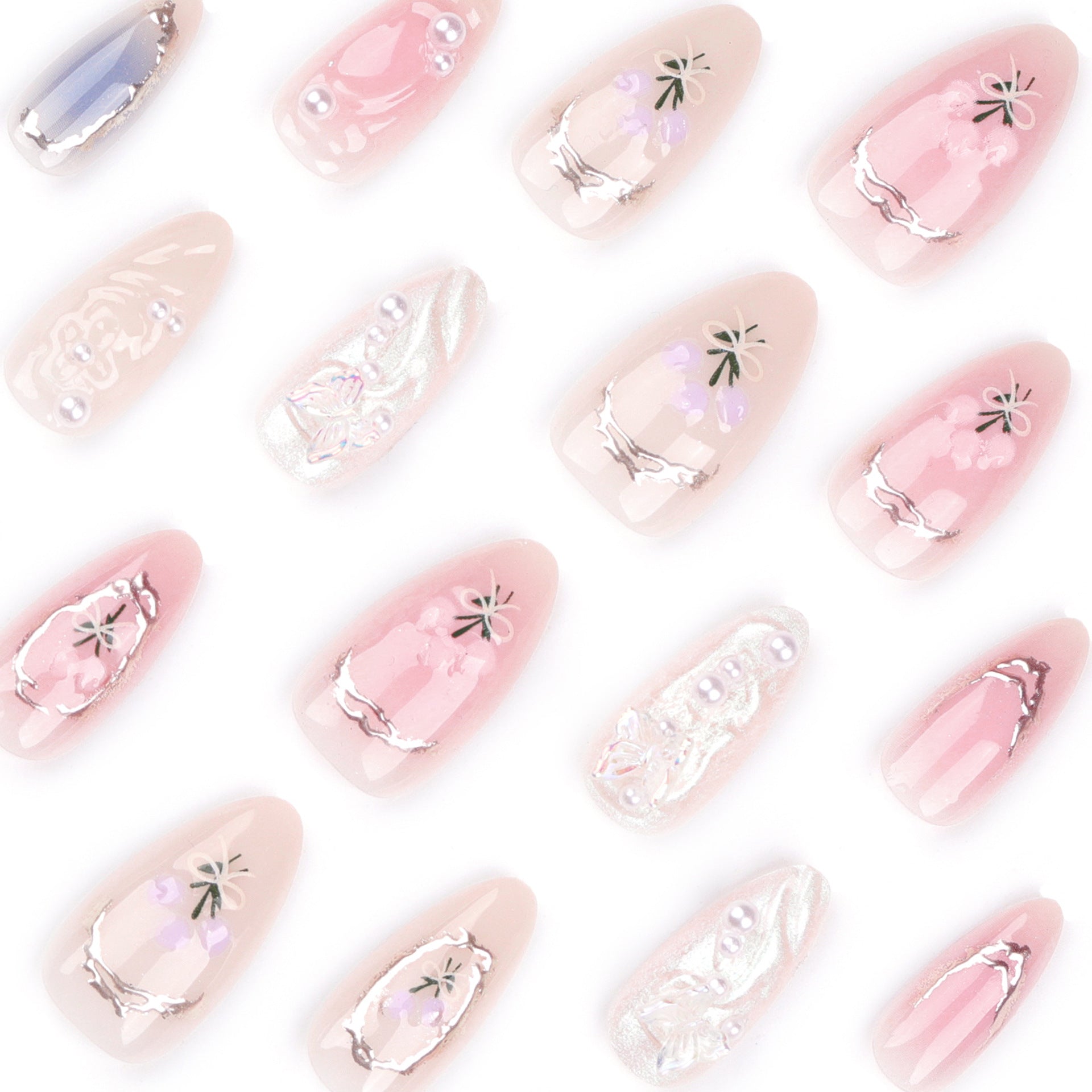 24Pcs Pink Almond False Nails Butterfly Ballet with French Design Wearable Fake Nails Simple Artificial Press on Nails Tips Art