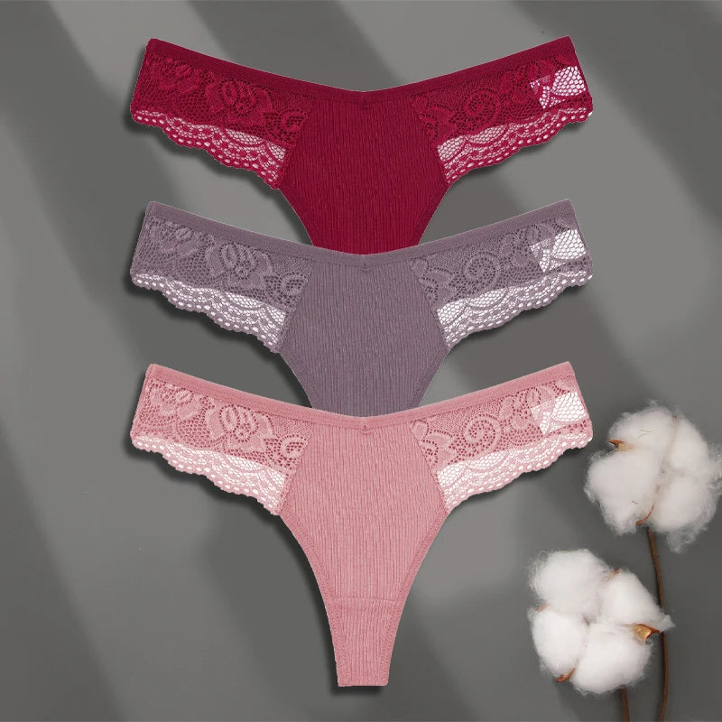 3Pcs Women's Cotton Underwear Lace Thongs Sexy Solid Color Low Waist Bikini Panties Ladies Breathable G-string Lingerie