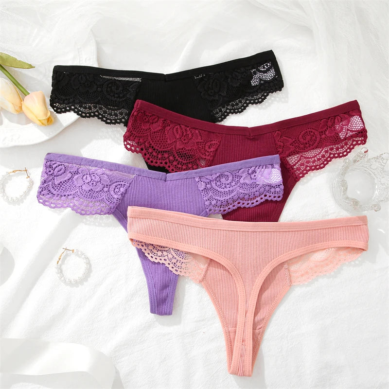 3Pcs Women's Cotton Underwear Lace Thongs Sexy Solid Color Low Waist Bikini Panties Ladies Breathable G-string Lingerie