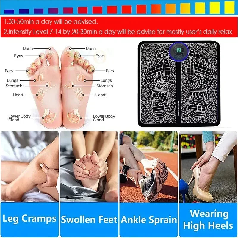 EMS Pulse Foot Massger Sole Massage Pad Current Stimulation 8 Modes 19 Level Relaxation USB Charging Therapy Instrument Foot Spa