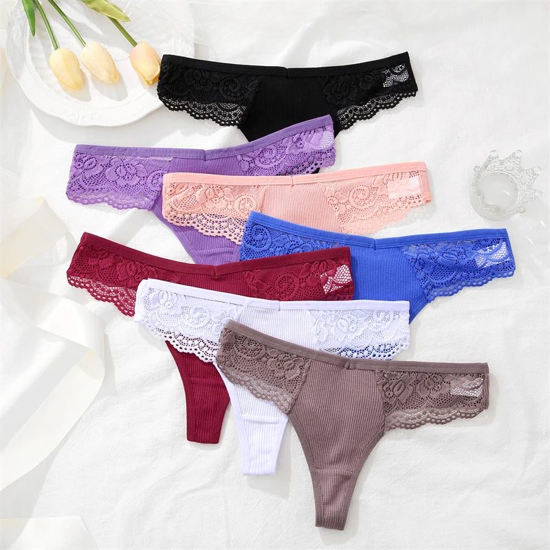 3Pcs Women's Cotton Underwear Lace Thongs Sexy Solid Color Low Waist Bikini Panties Ladies Breathable G-string Lingerie