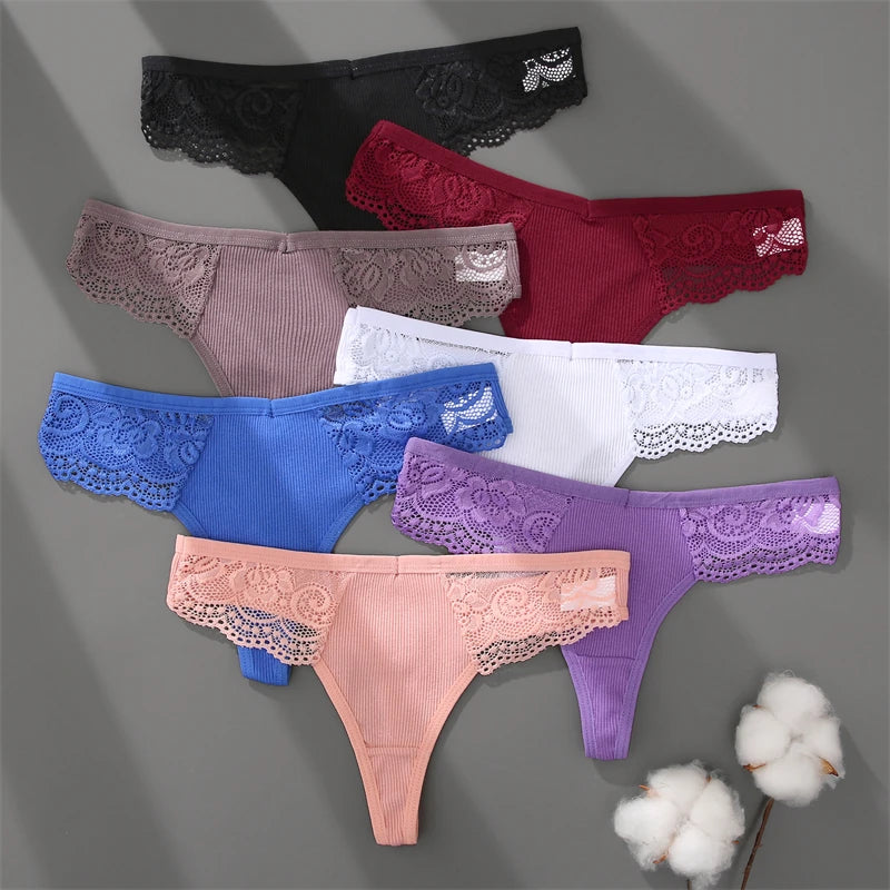 3Pcs Women's Cotton Underwear Lace Thongs Sexy Solid Color Low Waist Bikini Panties Ladies Breathable G-string Lingerie