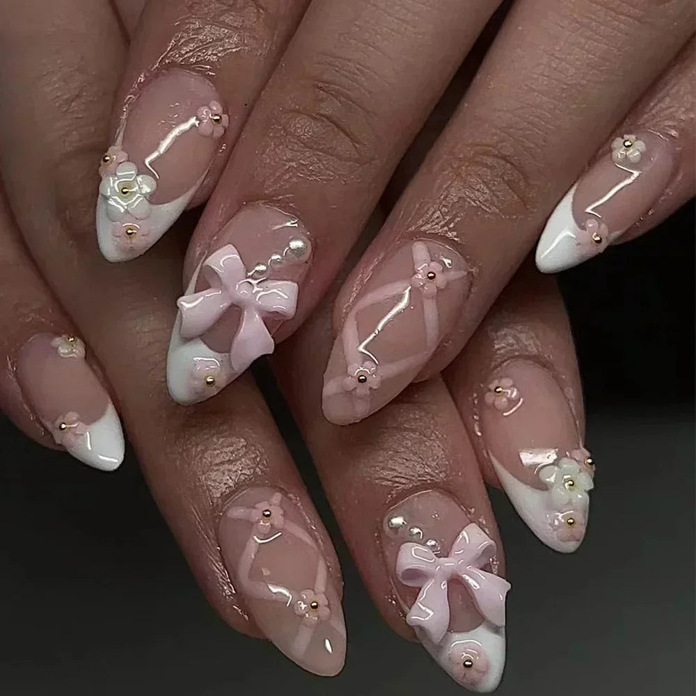 24Pcs Short Round Head Almond Fake Nails with Flowers Grass Pattern Wearable False Nails Tips Summer Full Cover Press on Nails