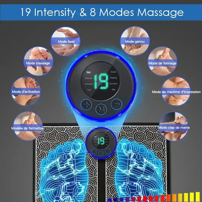 EMS Pulse Foot Massger Sole Massage Pad Current Stimulation 8 Modes 19 Level Relaxation USB Charging Therapy Instrument Foot Spa