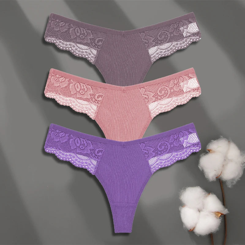 3Pcs Women's Cotton Underwear Lace Thongs Sexy Solid Color Low Waist Bikini Panties Ladies Breathable G-string Lingerie