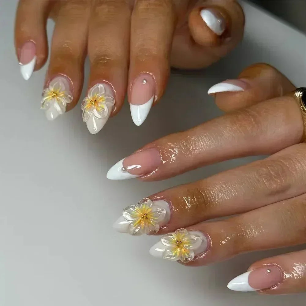 24Pcs Short Round Head Almond Fake Nails with Flowers Grass Pattern Wearable False Nails Tips Summer Full Cover Press on Nails