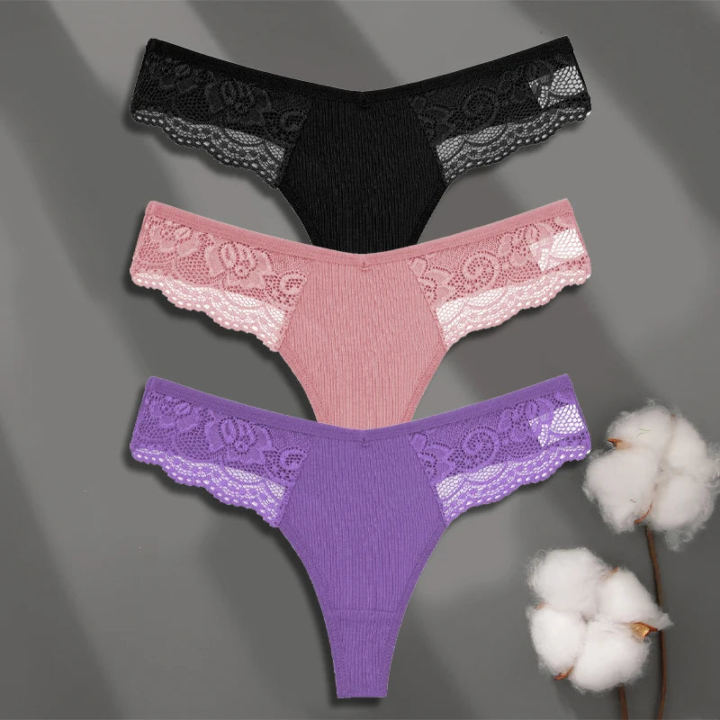 3Pcs Women's Cotton Underwear Lace Thongs Sexy Solid Color Low Waist Bikini Panties Ladies Breathable G-string Lingerie