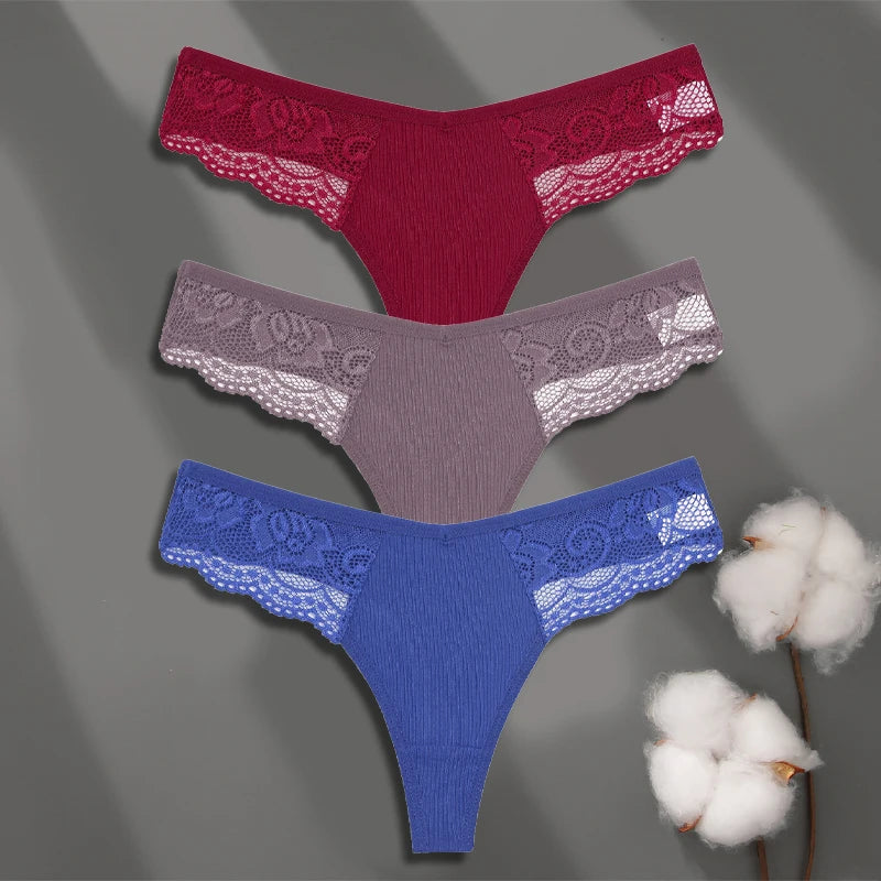 3Pcs Women's Cotton Underwear Lace Thongs Sexy Solid Color Low Waist Bikini Panties Ladies Breathable G-string Lingerie