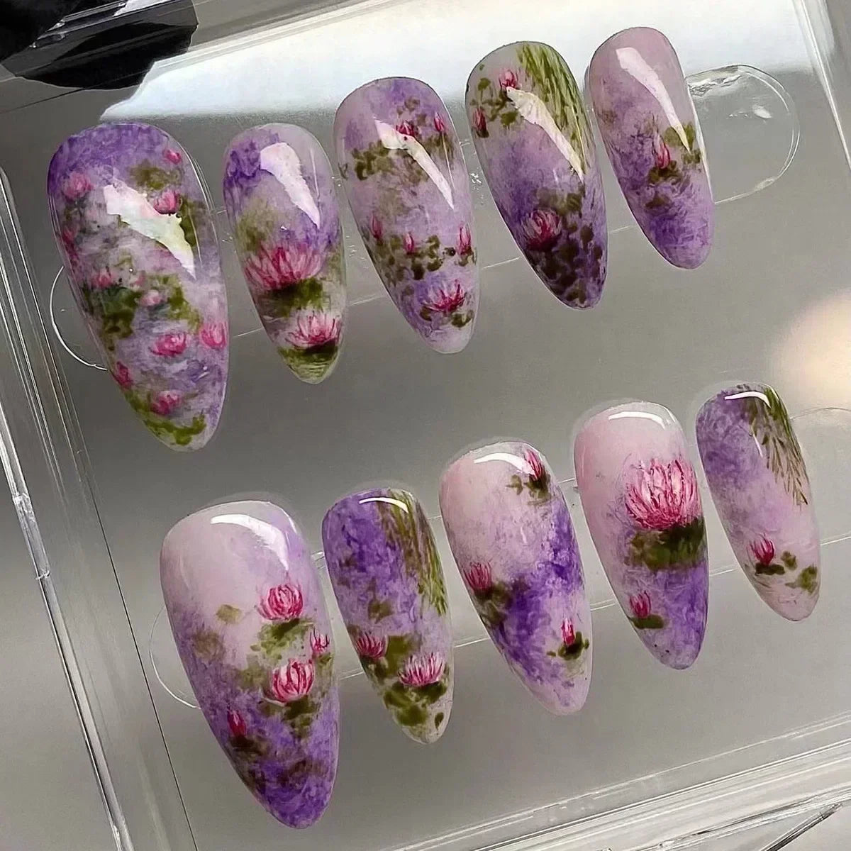 24Pcs Short Round Head Almond Fake Nails with Flowers Grass Pattern Wearable False Nails Tips Summer Full Cover Press on Nails