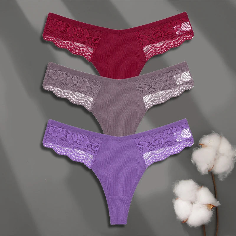 3Pcs Women's Cotton Underwear Lace Thongs Sexy Solid Color Low Waist Bikini Panties Ladies Breathable G-string Lingerie