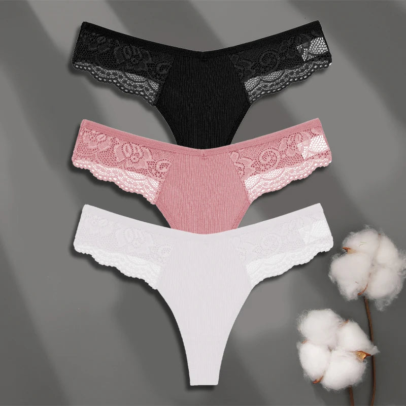 3Pcs Women's Cotton Underwear Lace Thongs Sexy Solid Color Low Waist Bikini Panties Ladies Breathable G-string Lingerie