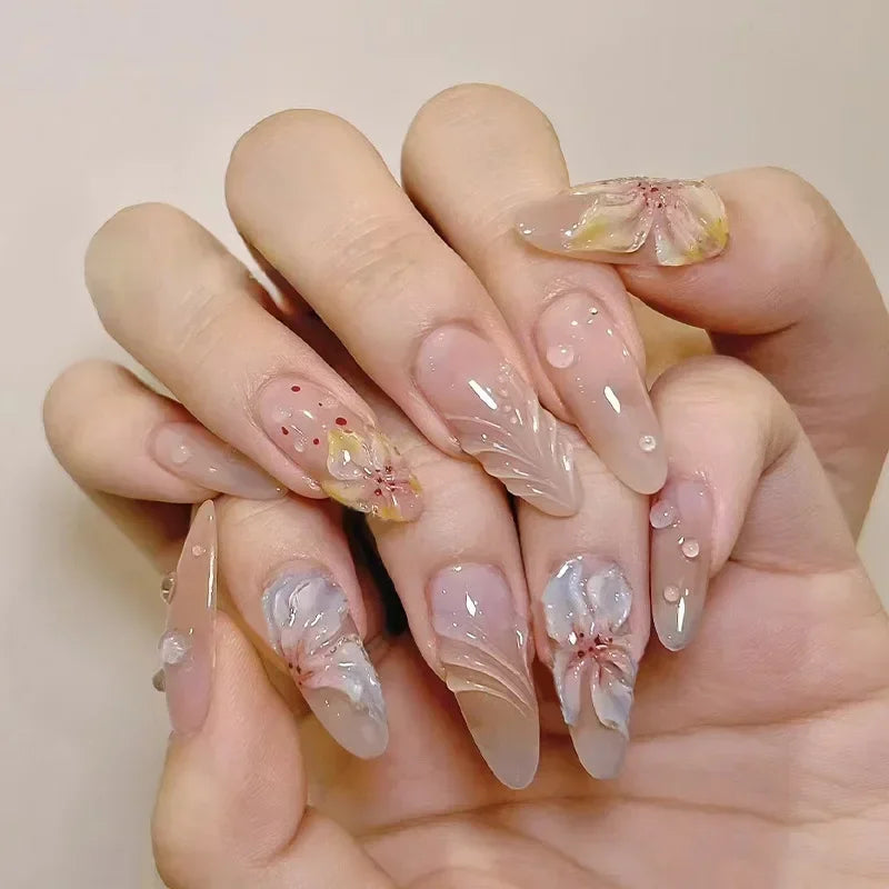 24Pcs Short Round Head Almond Fake Nails with Flowers Grass Pattern Wearable False Nails Tips Summer Full Cover Press on Nails