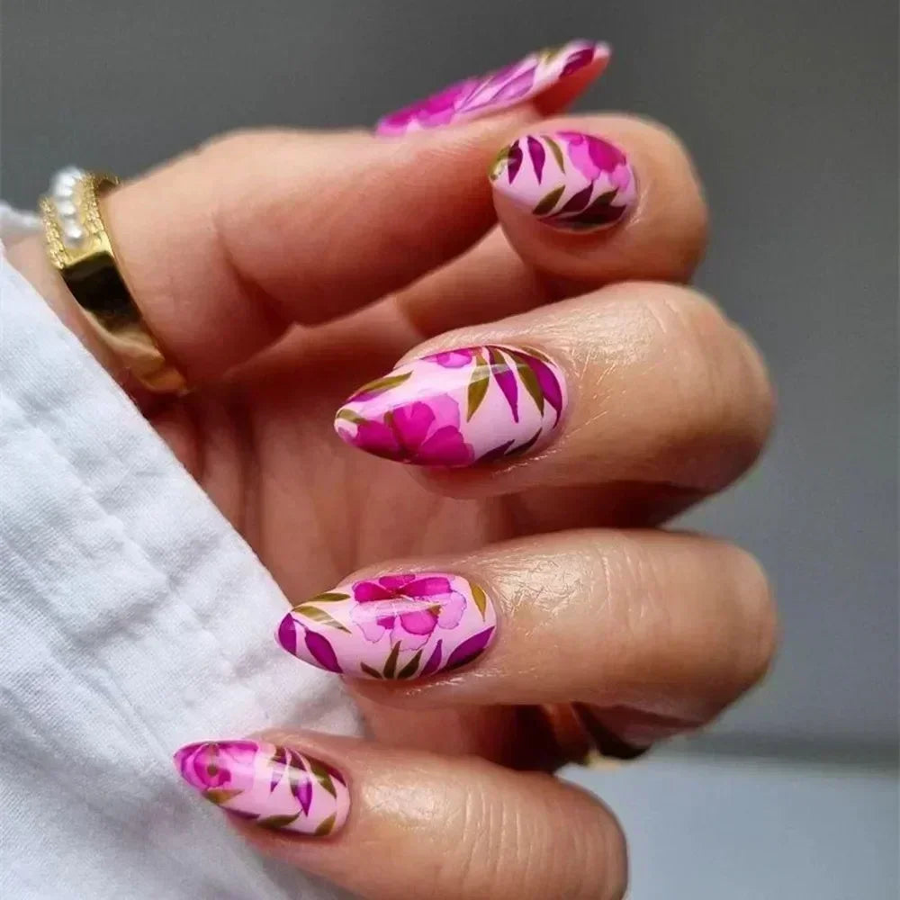 24Pcs Short Round Head Almond Fake Nails with Flowers Grass Pattern Wearable False Nails Tips Summer Full Cover Press on Nails