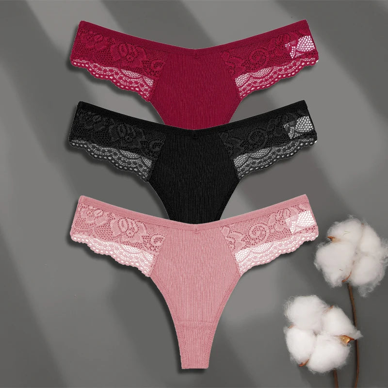 3Pcs Women's Cotton Underwear Lace Thongs Sexy Solid Color Low Waist Bikini Panties Ladies Breathable G-string Lingerie