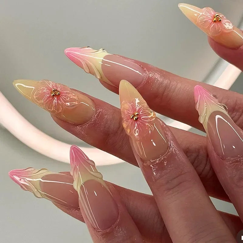 24Pcs Short Round Head Almond Fake Nails with Flowers Grass Pattern Wearable False Nails Tips Summer Full Cover Press on Nails