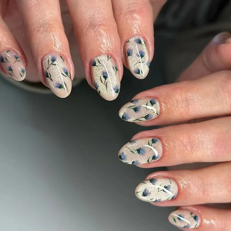 24Pcs Short Round Head Almond Fake Nails with Flowers Grass Pattern Wearable False Nails Tips Summer Full Cover Press on Nails