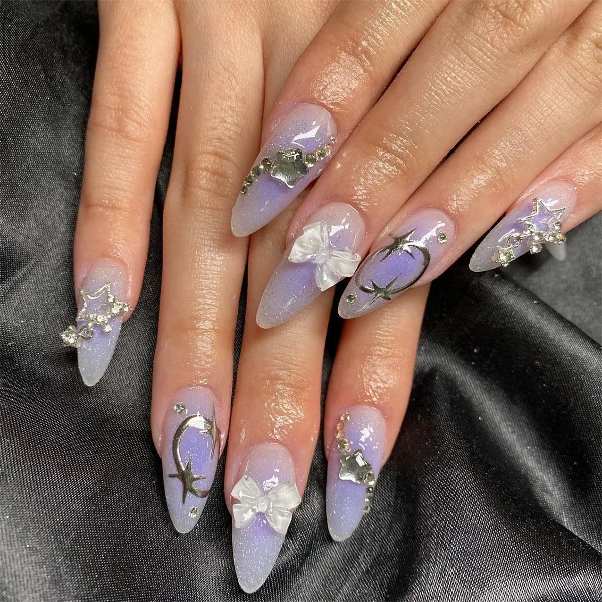 24Pcs Short Round Head Almond Fake Nails with Flowers Grass Pattern Wearable False Nails Tips Summer Full Cover Press on Nails