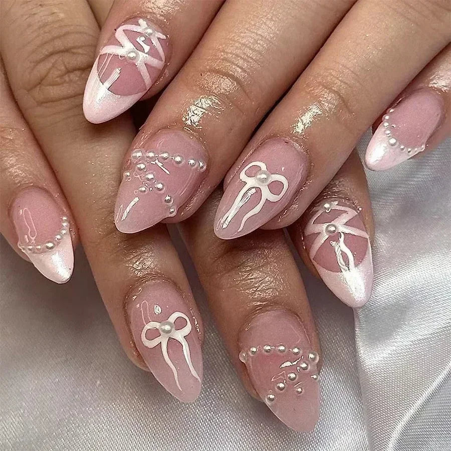 24Pcs Pink Almond False Nails Butterfly Ballet with French Design Wearable Fake Nails Simple Artificial Press on Nails Tips Art