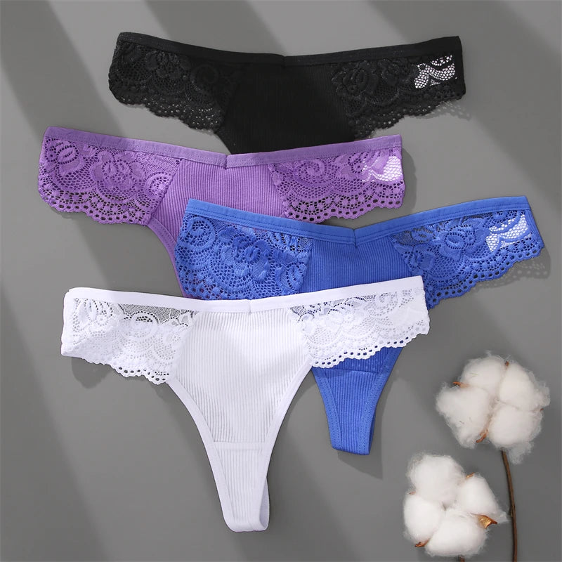 3Pcs Women's Cotton Underwear Lace Thongs Sexy Solid Color Low Waist Bikini Panties Ladies Breathable G-string Lingerie