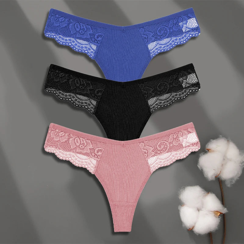 3Pcs Women's Cotton Underwear Lace Thongs Sexy Solid Color Low Waist Bikini Panties Ladies Breathable G-string Lingerie