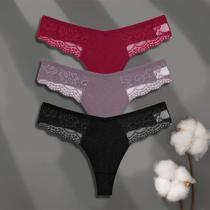 3Pcs Women's Cotton Underwear Lace Thongs Sexy Solid Color Low Waist Bikini Panties Ladies Breathable G-string Lingerie