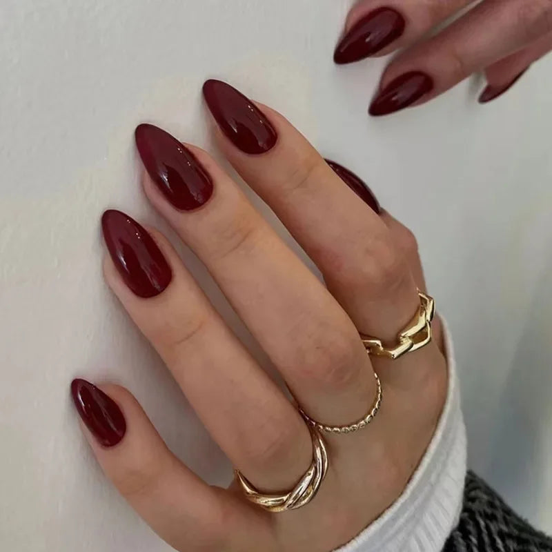 24Pcs Simple Wine Red Fake Nail with Glue Mid-length Almond Press on False Nails Wearable Round Head Oval Full Cover Nail Tips