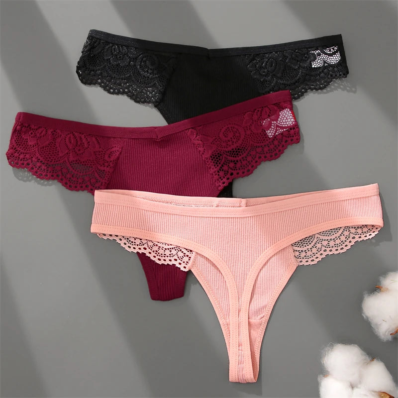 3Pcs Women's Cotton Underwear Lace Thongs Sexy Solid Color Low Waist Bikini Panties Ladies Breathable G-string Lingerie