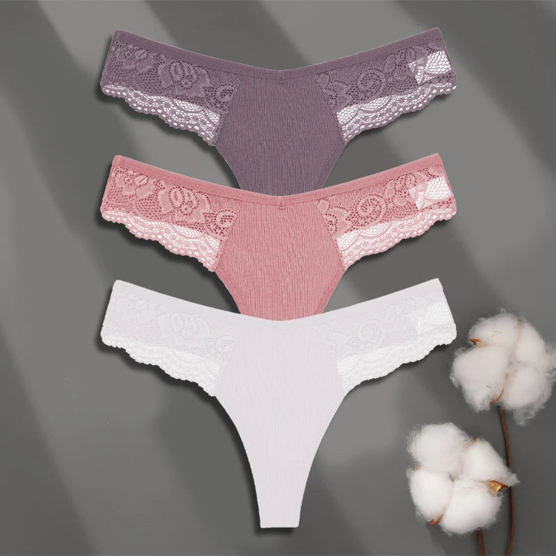 3Pcs Women's Cotton Underwear Lace Thongs Sexy Solid Color Low Waist Bikini Panties Ladies Breathable G-string Lingerie