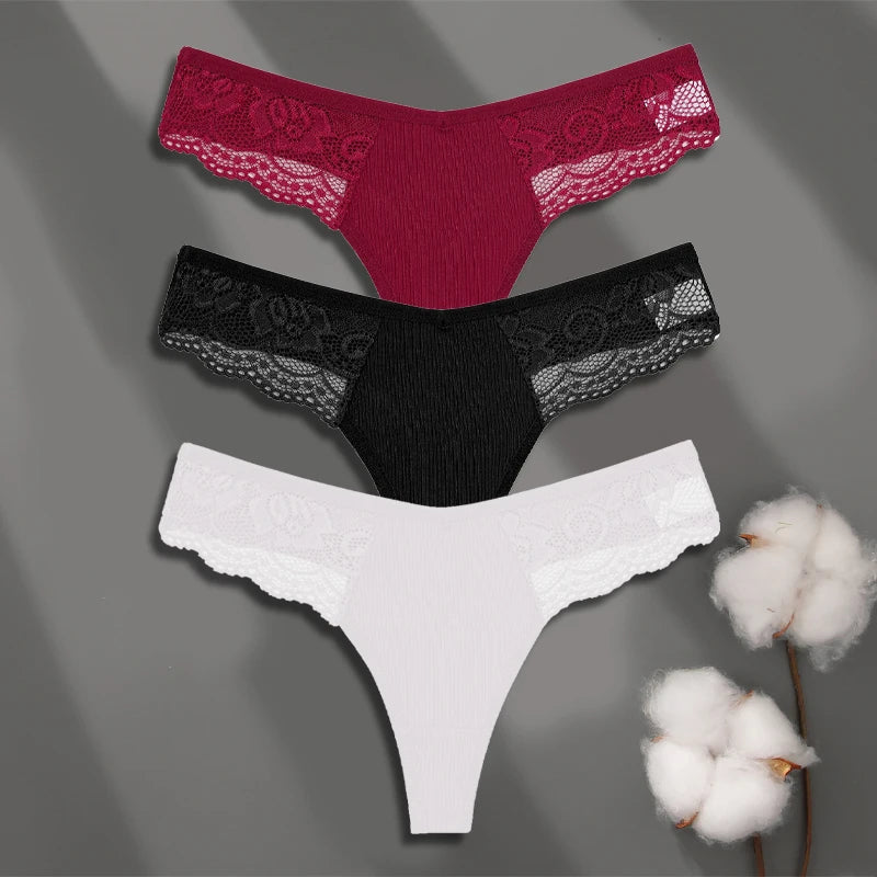 3Pcs Women's Cotton Underwear Lace Thongs Sexy Solid Color Low Waist Bikini Panties Ladies Breathable G-string Lingerie