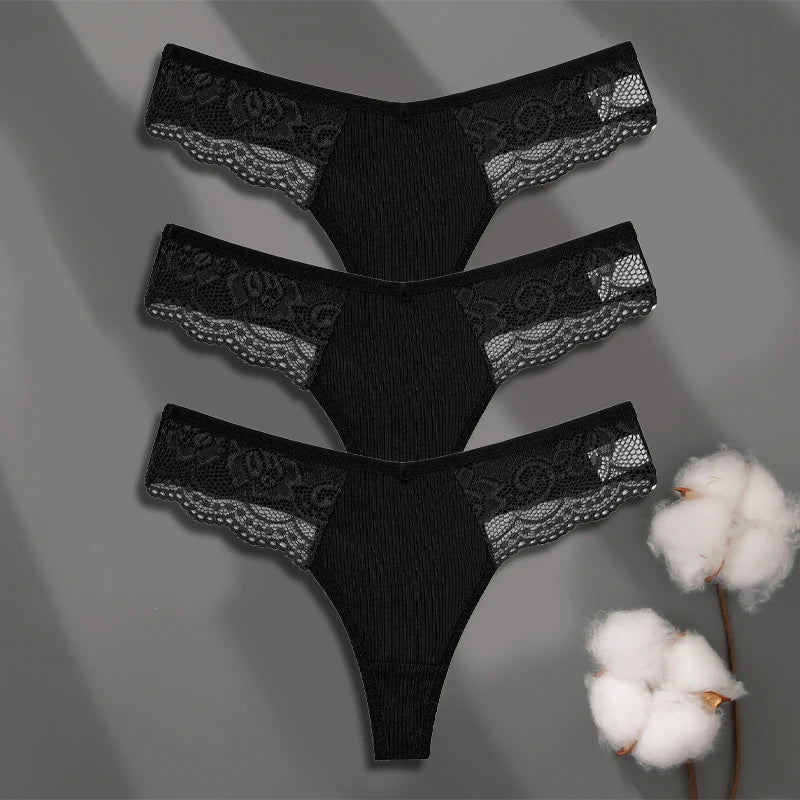 3Pcs Women's Cotton Underwear Lace Thongs Sexy Solid Color Low Waist Bikini Panties Ladies Breathable G-string Lingerie