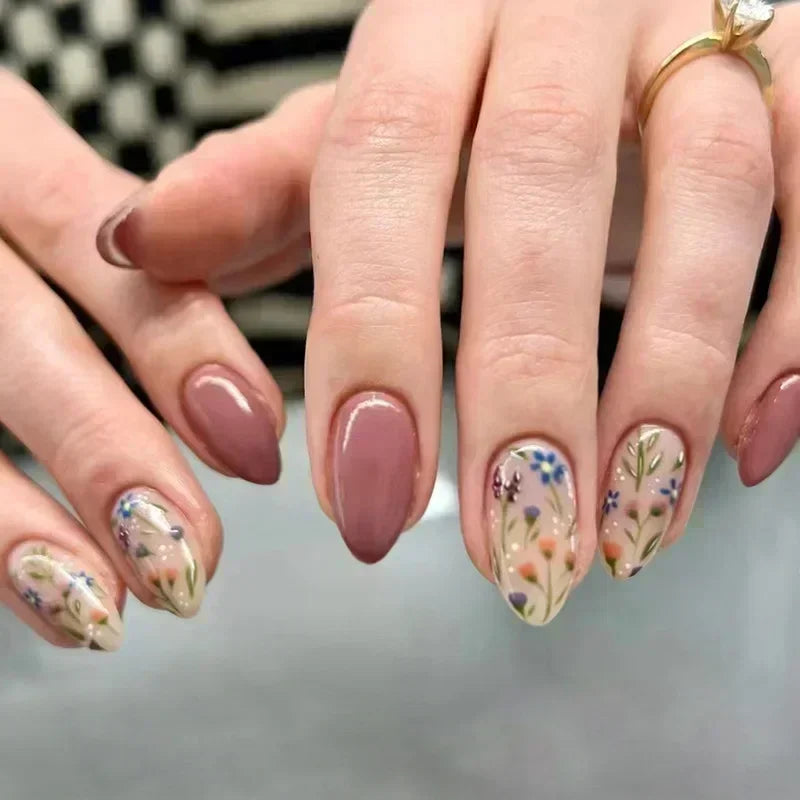 24Pcs Short Round Head Almond Fake Nails with Flowers Grass Pattern Wearable False Nails Tips Summer Full Cover Press on Nails