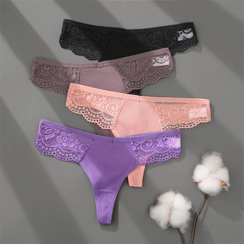 3Pcs Women's Cotton Underwear Lace Thongs Sexy Solid Color Low Waist Bikini Panties Ladies Breathable G-string Lingerie