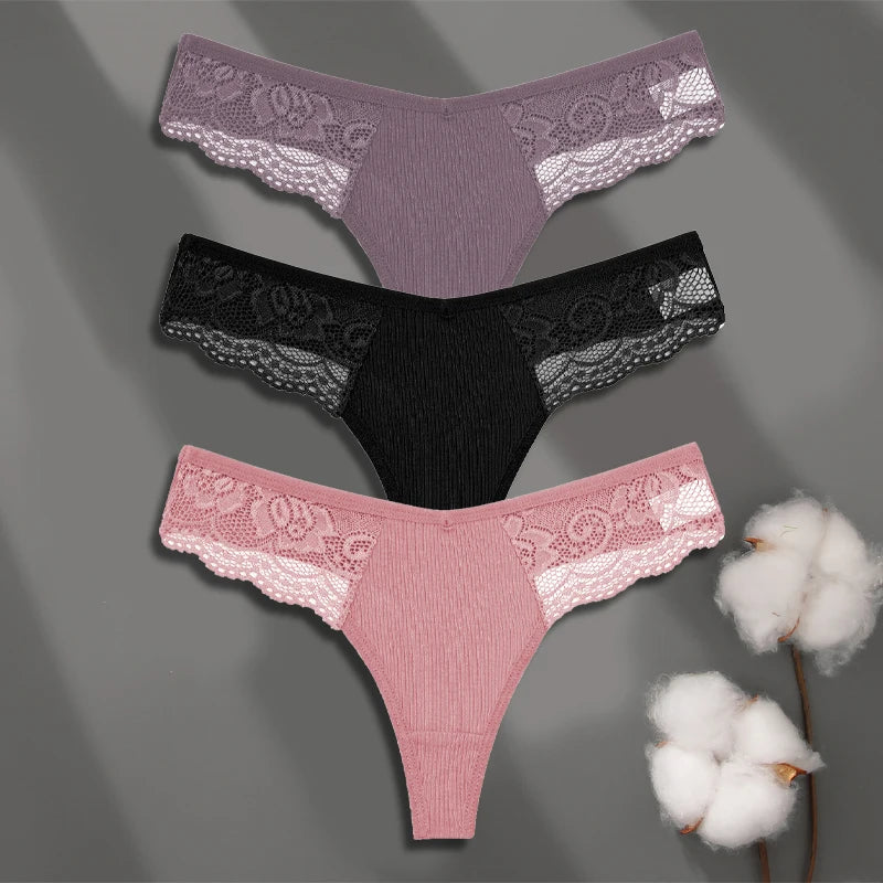 3Pcs Women's Cotton Underwear Lace Thongs Sexy Solid Color Low Waist Bikini Panties Ladies Breathable G-string Lingerie