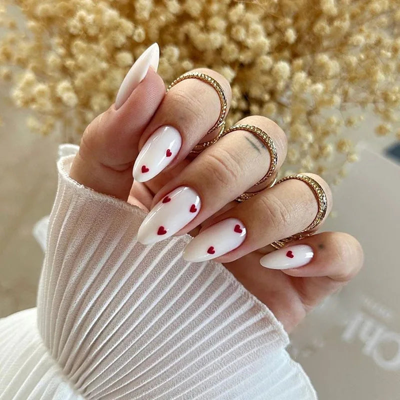 24Pcs Simple Wine Red Fake Nail with Glue Mid-length Almond Press on False Nails Wearable Round Head Oval Full Cover Nail Tips