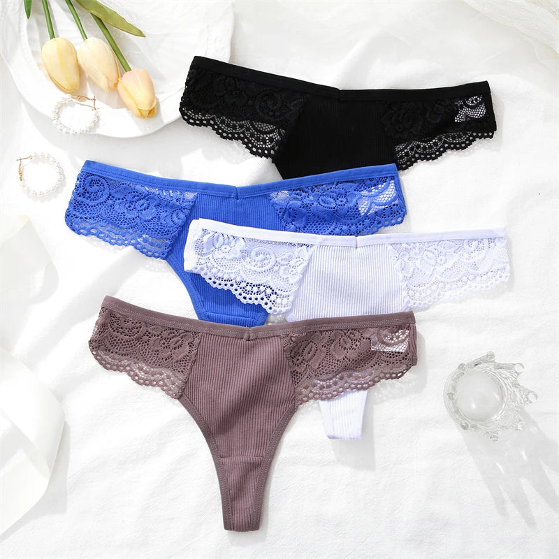 3Pcs Women's Cotton Underwear Lace Thongs Sexy Solid Color Low Waist Bikini Panties Ladies Breathable G-string Lingerie