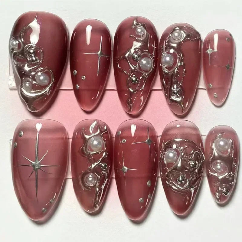 24Pcs Pink Almond False Nails Butterfly Ballet with French Design Wearable Fake Nails Simple Artificial Press on Nails Tips Art