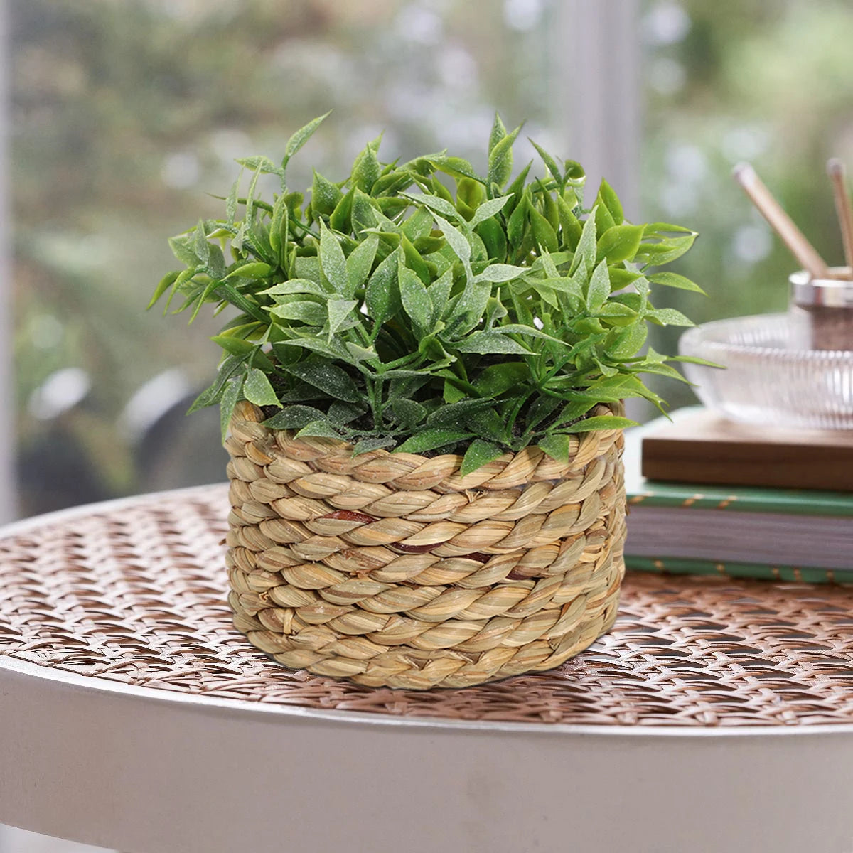 SIA FLOWER Green Artificial Plants Eucalyptus Grass Woven Small Potted Plants Grass Mound 11cm PE Material Home Decoration