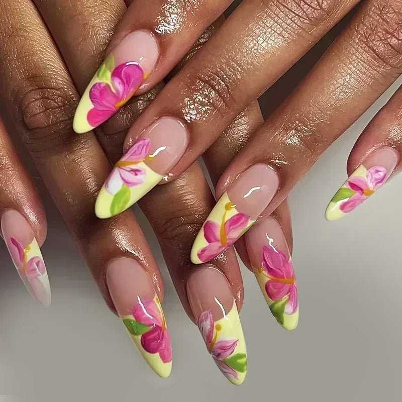 24Pcs Short Round Head Almond Fake Nails with Flowers Grass Pattern Wearable False Nails Tips Summer Full Cover Press on Nails