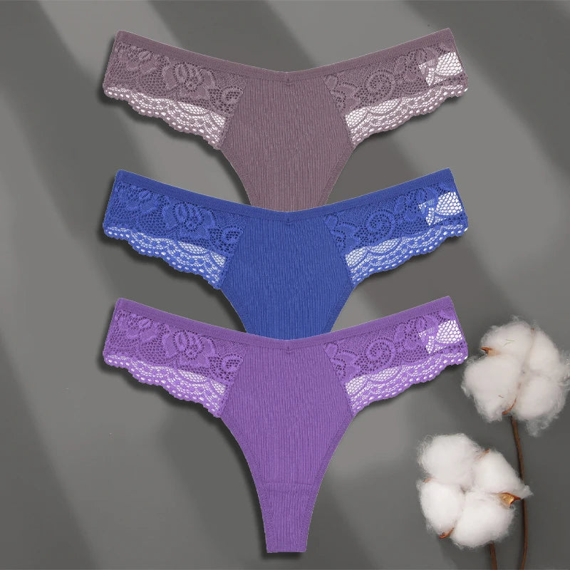 3Pcs Women's Cotton Underwear Lace Thongs Sexy Solid Color Low Waist Bikini Panties Ladies Breathable G-string Lingerie