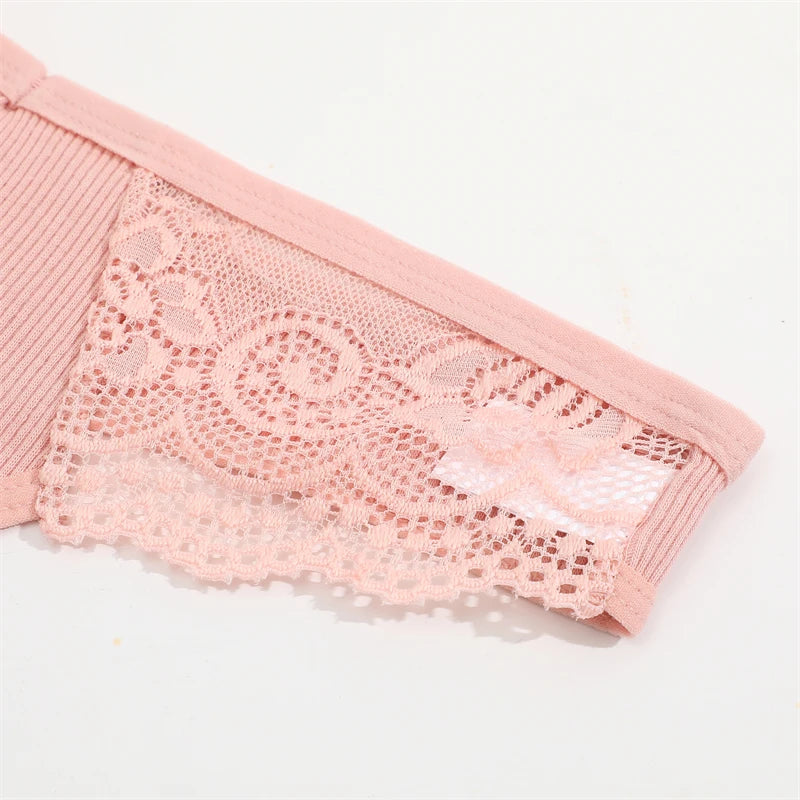 3Pcs Women's Cotton Underwear Lace Thongs Sexy Solid Color Low Waist Bikini Panties Ladies Breathable G-string Lingerie