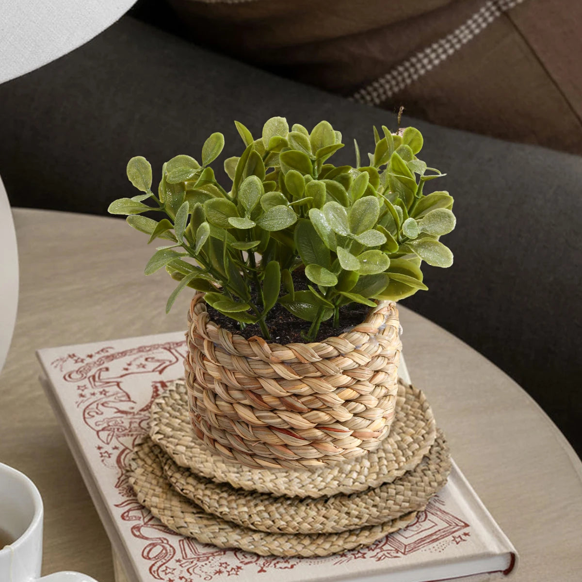 SIA FLOWER Green Artificial Plants Eucalyptus Grass Woven Small Potted Plants Grass Mound 11cm PE Material Home Decoration