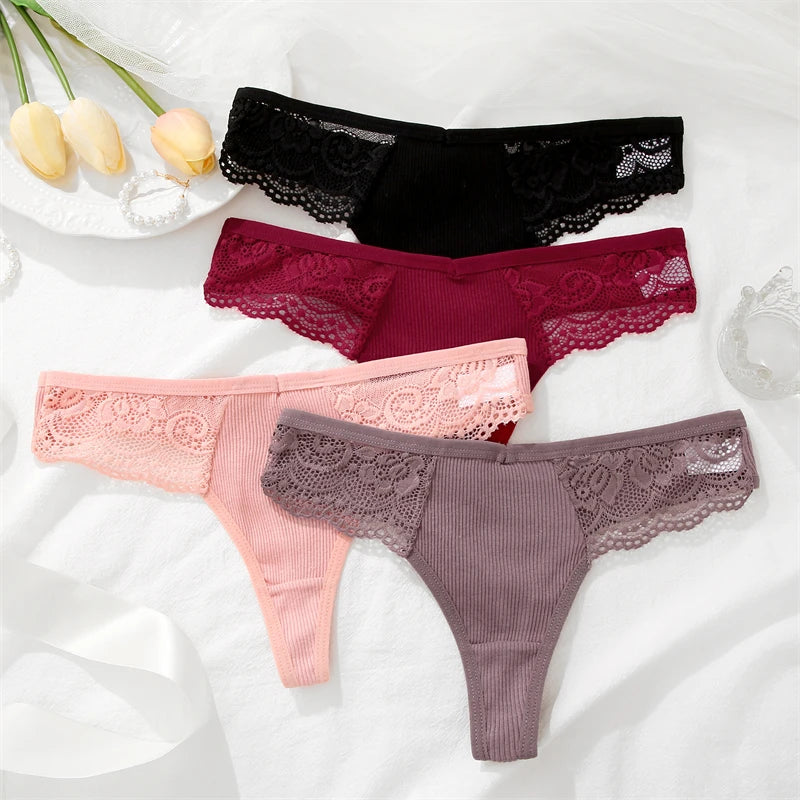 3Pcs Women's Cotton Underwear Lace Thongs Sexy Solid Color Low Waist Bikini Panties Ladies Breathable G-string Lingerie