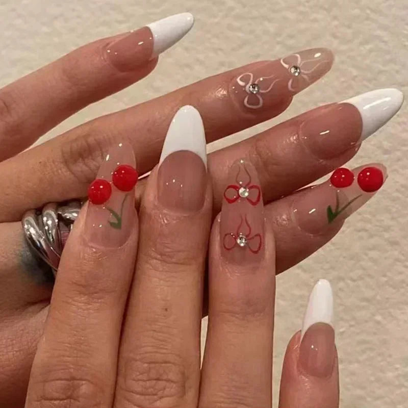 24Pcs Short Round Head Almond Fake Nails with Flowers Grass Pattern Wearable False Nails Tips Summer Full Cover Press on Nails