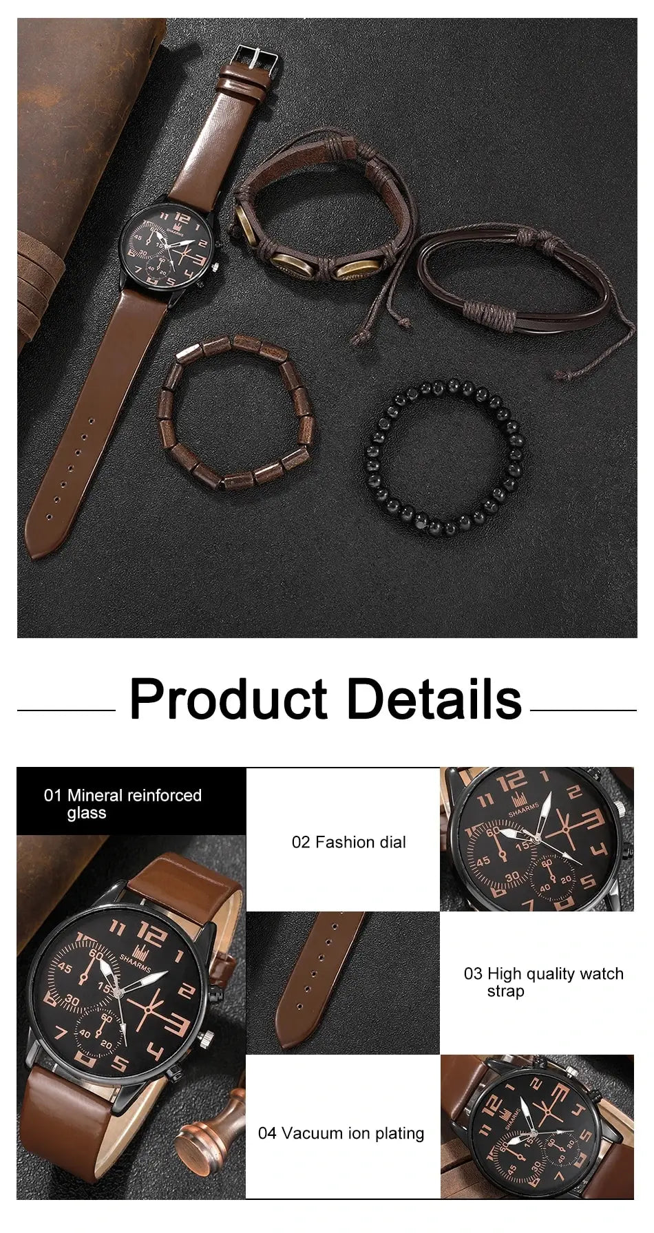 Kit with 5 pieces, men's watch and bracelets